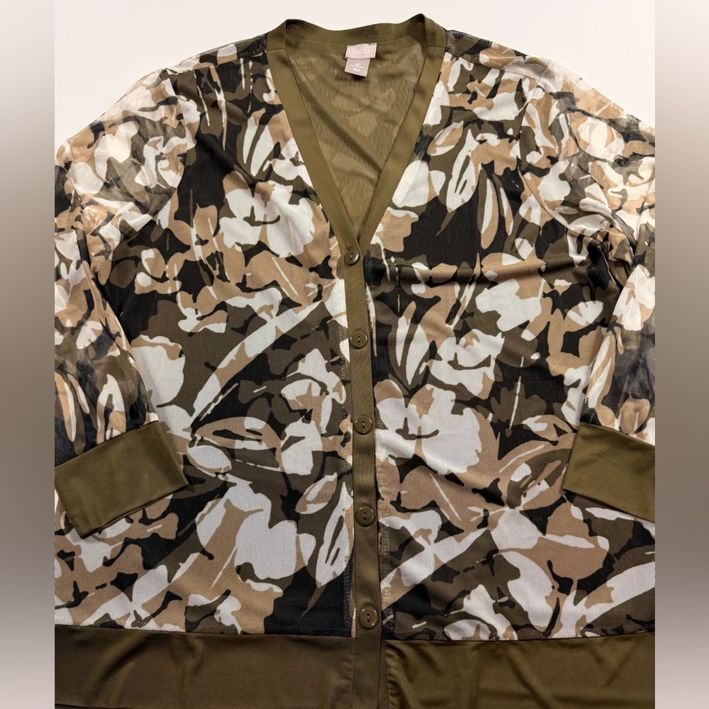 Chico’s Abstract Floral Camo Sheer Mesh Cardigan Top Olive Green 3P (XL-XXL)
